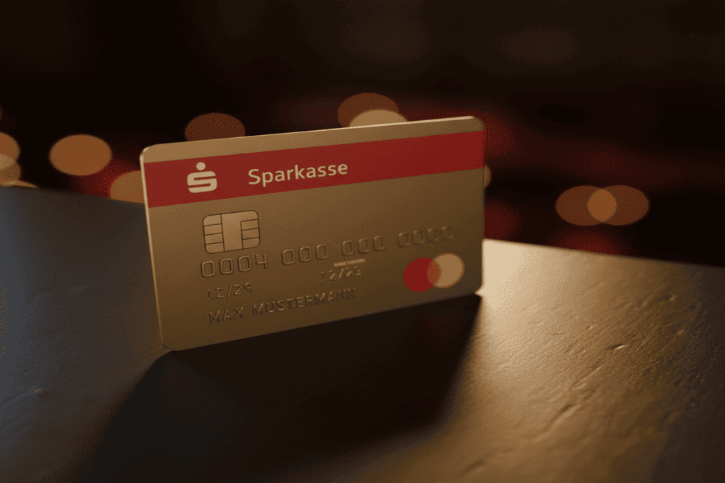 Sparkasse Mastercard® Gold Kreditkarte in Gold-Optik mit Sparkasse-Logo und Chip, vor unscharfem Hintergrund mit warmen Lichtern.
