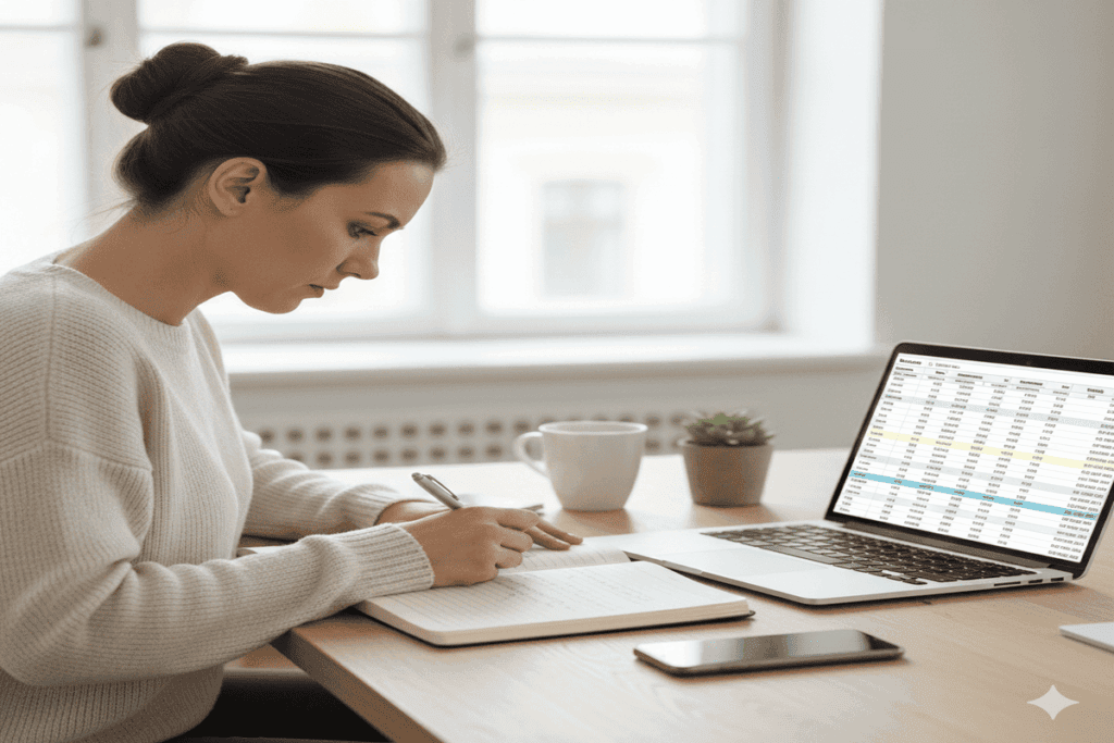 Schulden professional-looking woman, a freelancer, is intensely focused on financial planning at a modern home office desk. She is holding a pen and reviewing a physical notebook next to a laptop displaying a spreadsheet with revenue and expense columns. The image conveys the serious and disciplined financial preparation required before leaving a full-time job.