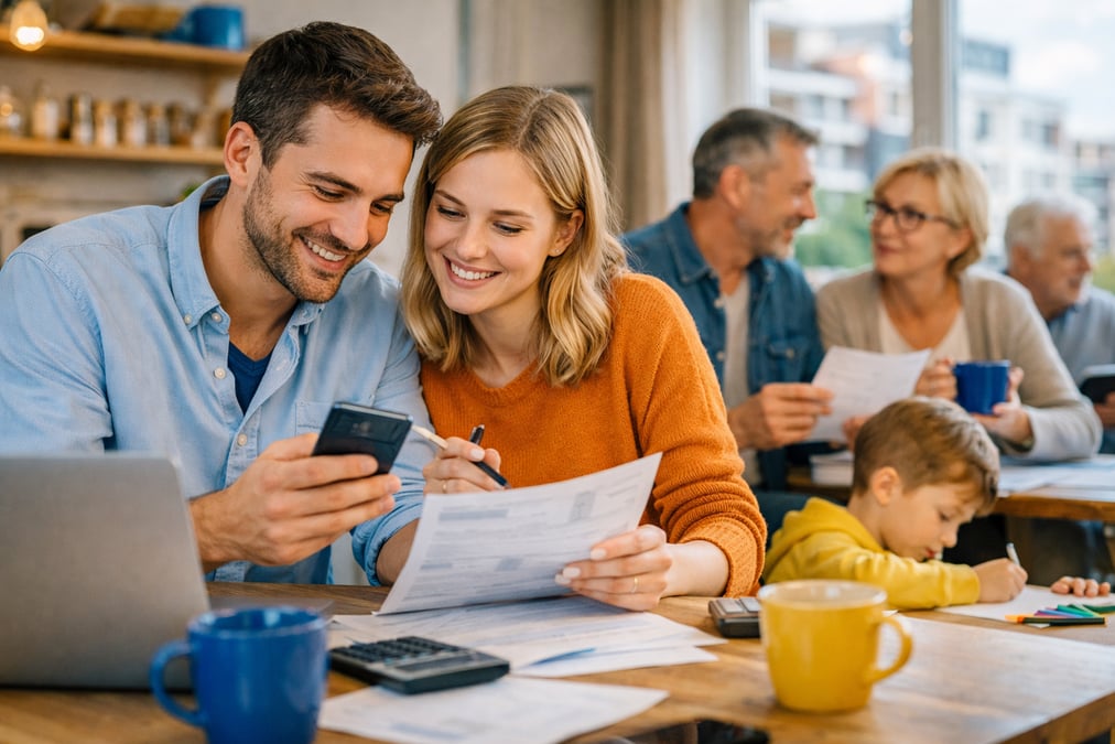 Person plant Haushaltsbudget am Schreibtisch mit Unterlagen und Taschenrechner