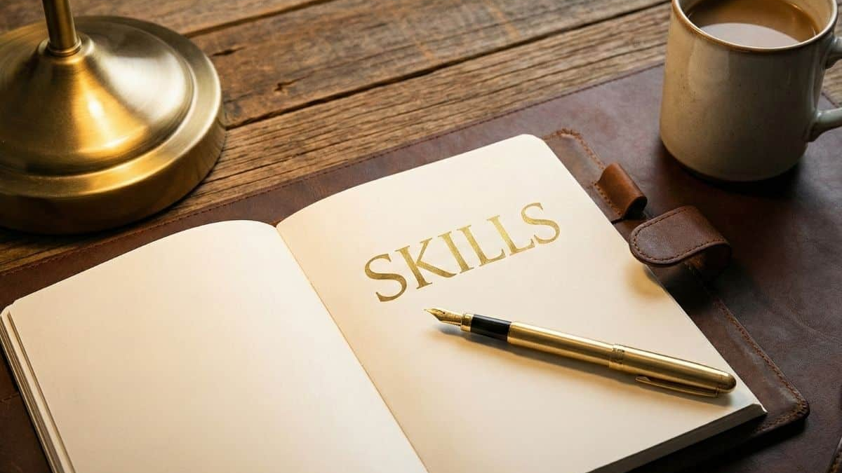 A professional notebook on a desk with the word SKILLS highlighted in gold, representing how to identify skills you already have that people will pay for.