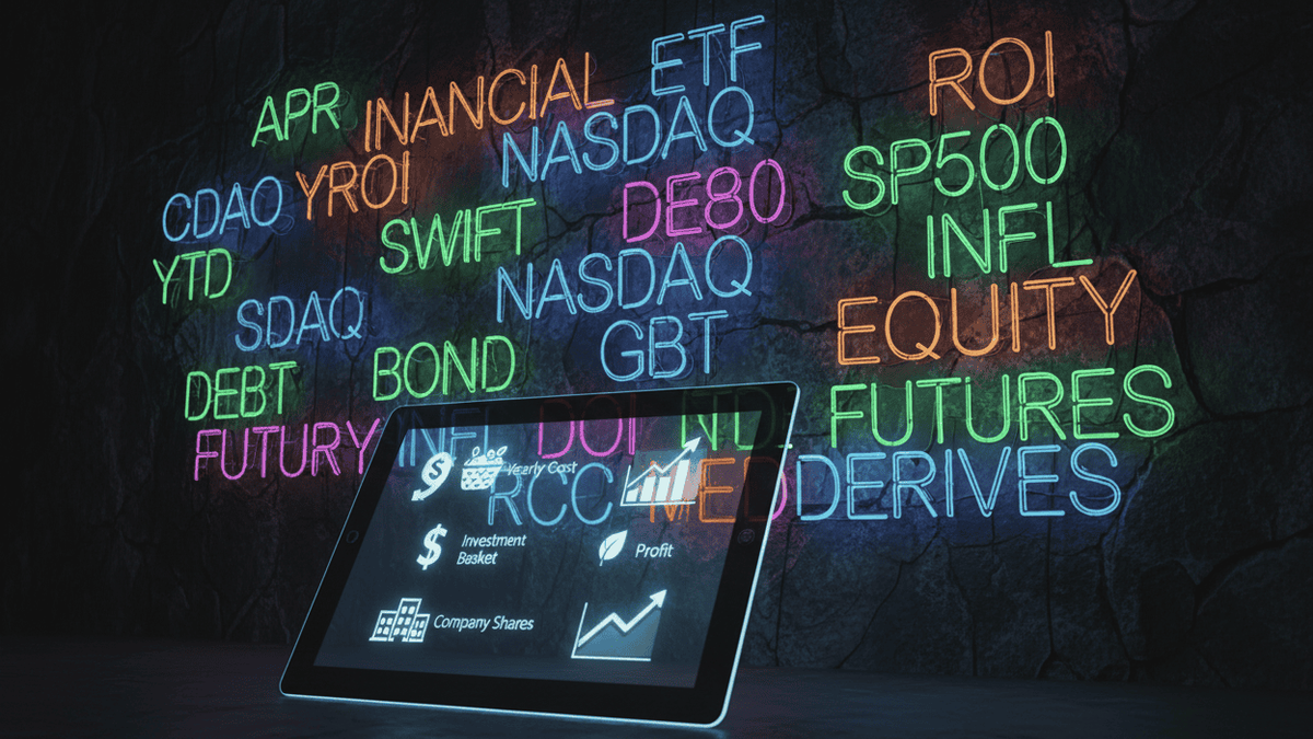 Finanzbegriffe A "Rosetta Stone" for finance. A visual metaphor showing a complex, chaotic wall of financial buzzwords (like APR, ETF, ROI) being translated into clear, simple English through a glowing lens or tablet.