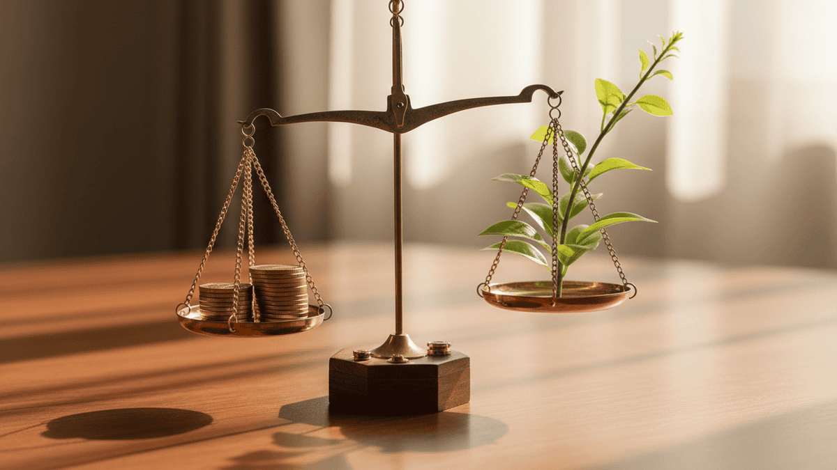 A vintage brass scale on a wooden desk balancing a stack of gold coins on the left with a small green plant on the right, representing the balance between saving money and growing wealth over time.