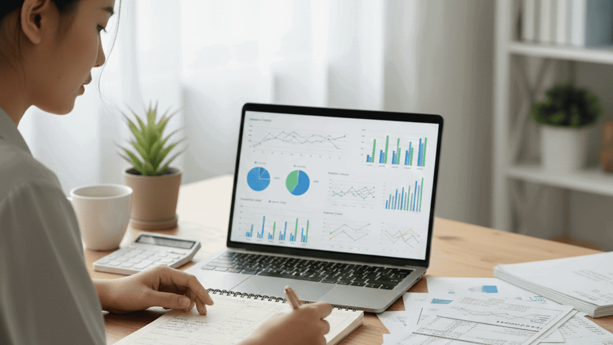 A person sitting at a desk, looking determined, surrounded by piles of documents and a laptop showing financial graphs. One hand is holding a pen over a notebook with a detailed budget plan. The background is slightly blurred, emphasizing focus and determination.