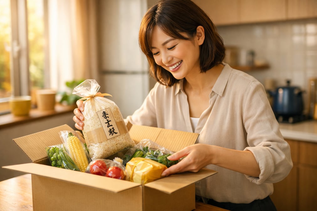 自宅のキッチンで、ふるさと納税の返礼品が入った段ボール箱を笑顔で開ける日本人女性
