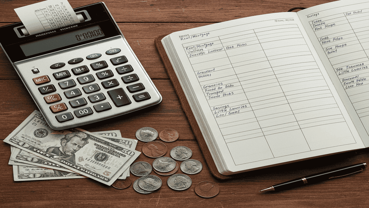 A close-up, overhead shot of a wooden desk with a vintage calculator, a handwritten ledger book showing budget categories, and a few scattered US dollar bills and coins, representing traditional financial planning.