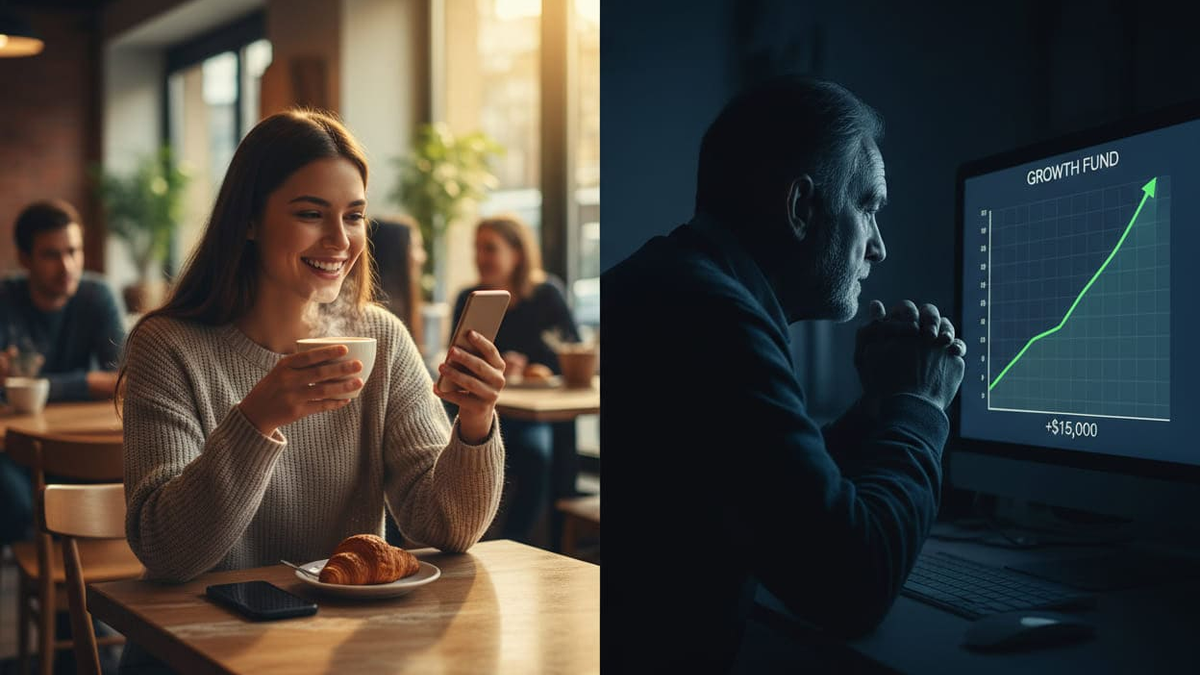 A split-screen comparison showing a young adult happily spending money in a cafe on the left, contrasted with an older adult analyzing a growing stock market chart on the right, symbolizing the long-term impact of financial choices.