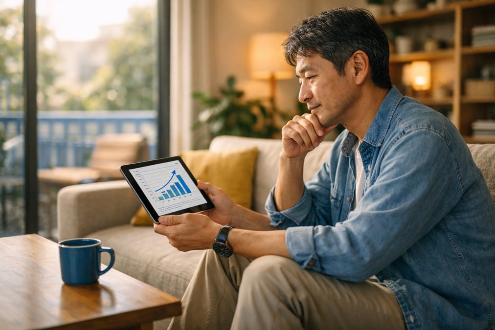 リビングのソファで、タブレットに映る長期の資産推移グラフを見ながら考える中年の日本人男性
