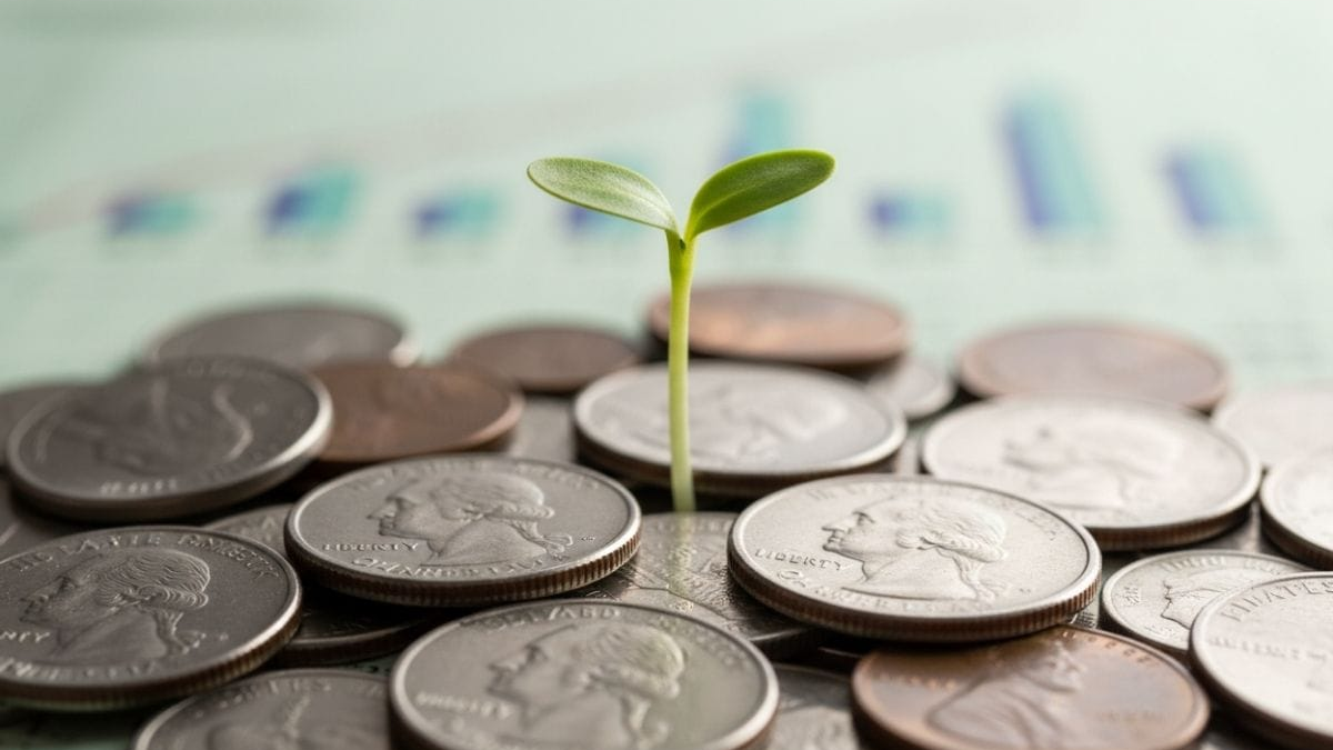 A small green sprout growing out of a pile of coins, symbolizing growth when investing on a tight budget.