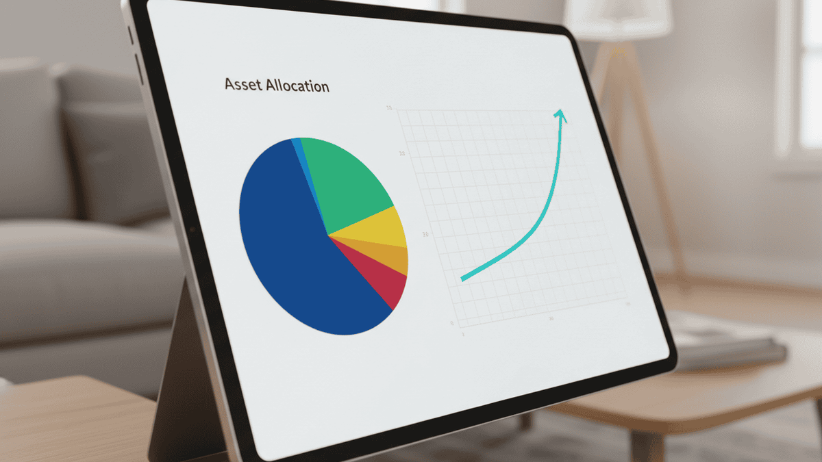 A digital tablet displaying a financial dashboard with a colorful asset allocation pie chart and an upward trending line graph, set against a blurred living room background.