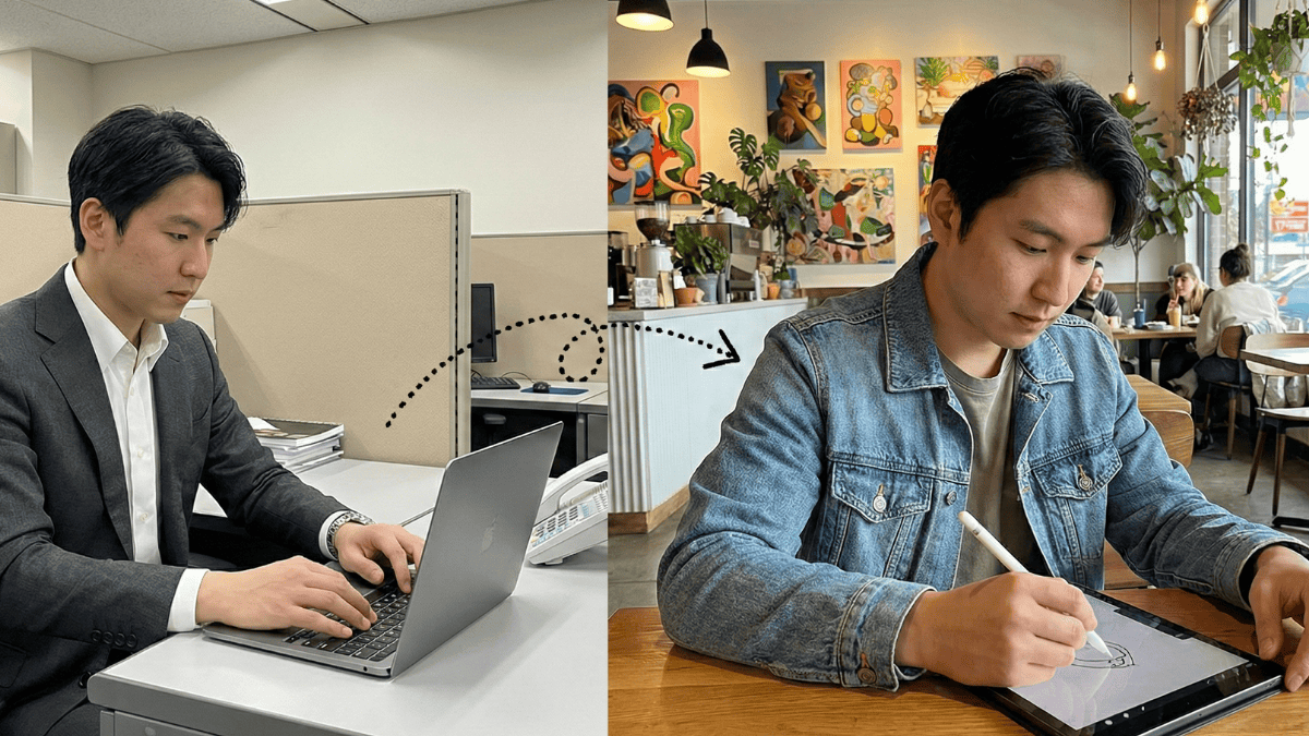 Split screen showing a professional working a corporate job on the left and a creative side project on the right, illustrating how to test a new career path.