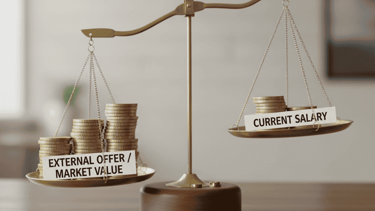 An unbalanced negotiation scale. On one side, there is a tall pile of coins labeled 'External Offer' or 'Market Value'. On the other side, there is a smaller pile of coins labeled 'Current Salary'. The weight of the external offer is clearly tipping the scale, symbolizing the power of leverage in negotiating a raise.