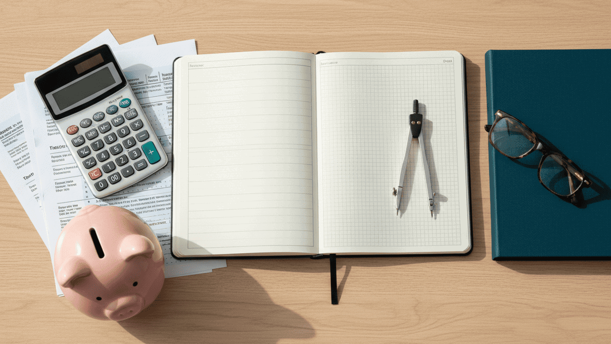 A middle-aged man sitting at a dimly lit kitchen table at night, looking stressed while working on a laptop and writing in a notebook filled with financial calculations.