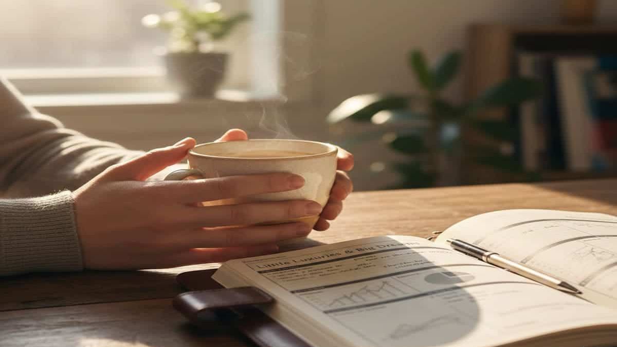 A close-up, cozy shot of a person’s hands holding a high-quality ceramic coffee cup in a sunlit room, with a leather-bound financial planner open on a wooden table, symbolizing the balance between enjoyment and planning.