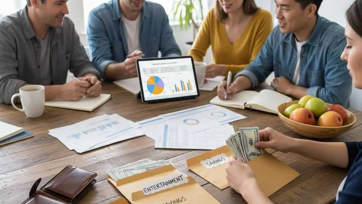 A person carefully placing cash into different labeled envelopes for "Groceries," "Entertainment," and "Savings," illustrating the cash envelope budgeting system