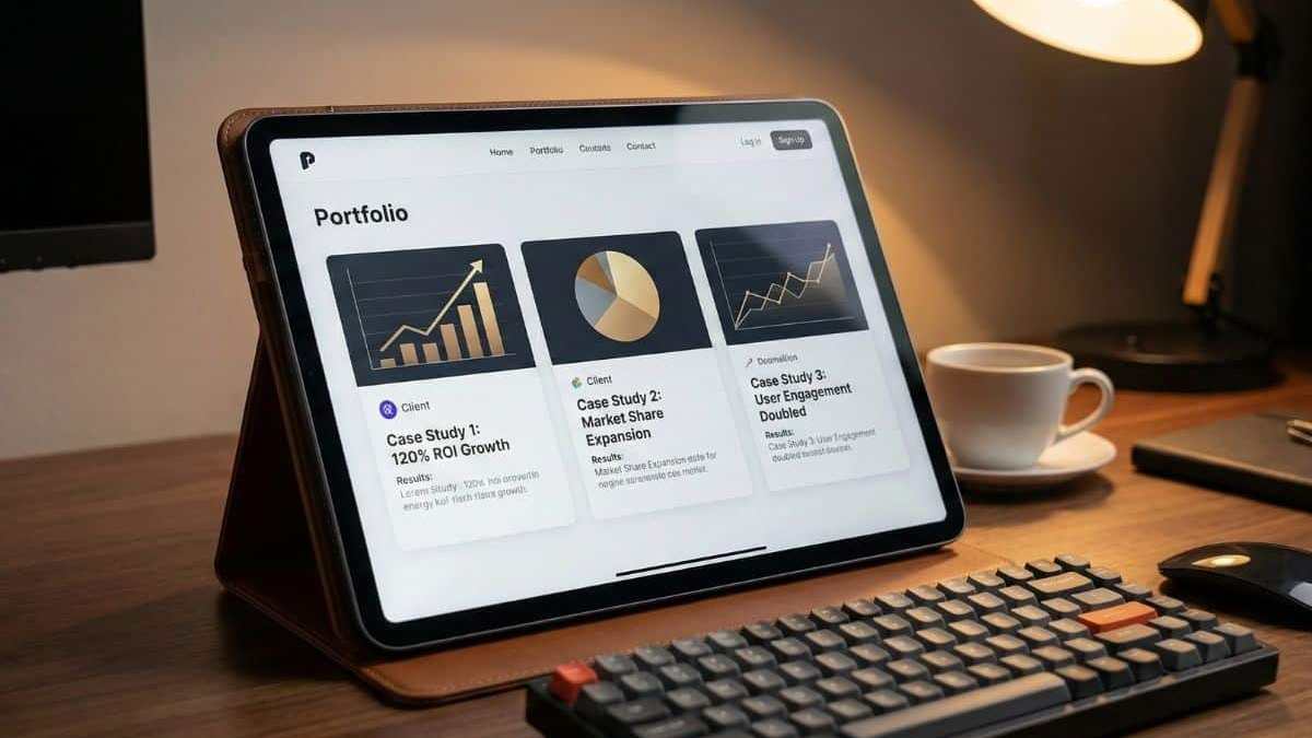 A digital portfolio displayed on a tablet screen showing case study thumbnails and results, representing the key to better-paying opportunities.