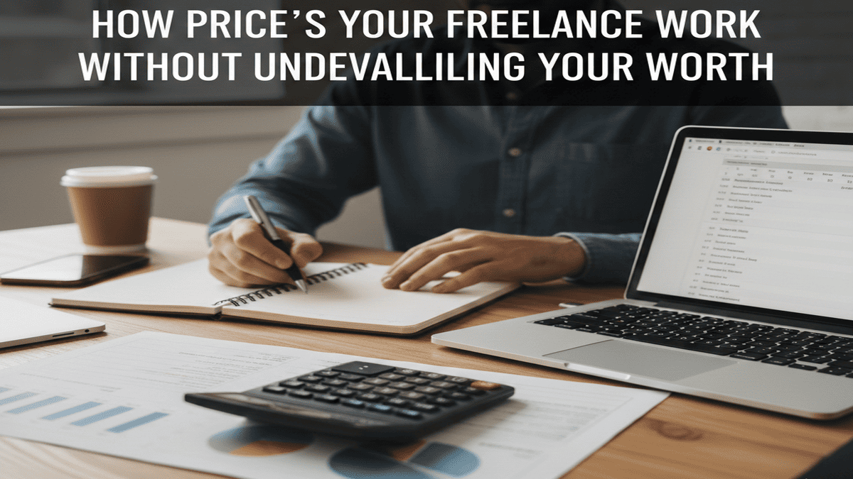 preise A close-up shot of a freelancer's desk with a calculator, notebook filled with financial figures, and a laptop displaying a spreadsheet. The scene emphasizes the detailed process of calculating expenses and desired income for freelance work, with a focused and organized individual in the background.