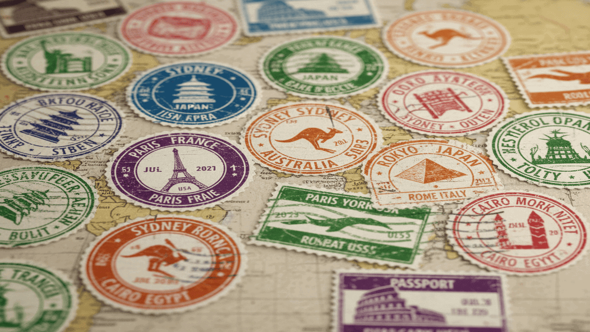 A close-up view of a page in a passport covered with various colorful and detailed international travel stamps and visas. The stamps represent entry and exit from different countries, symbolizing global travel, adventure, and bureaucracy.