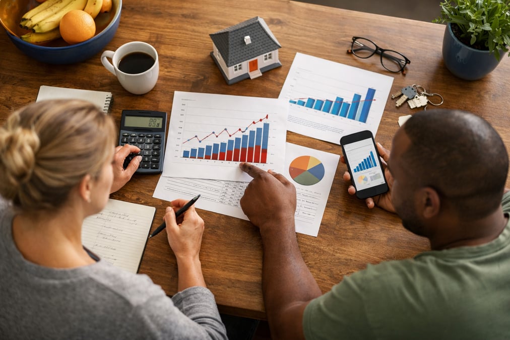 Renter reviewing apartment lease paperwork at a bright coffee shop counter