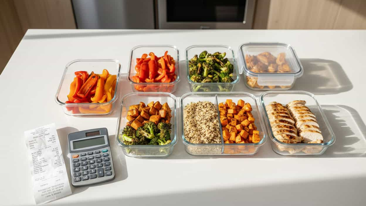 Glass containers with roasted vegetables and chicken on a kitchen counter next to a calculator, illustrating meal prep for health and budget.