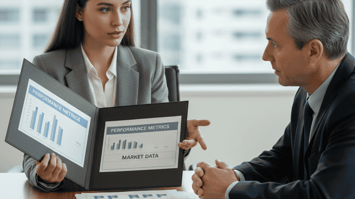 person confidently presenting a meticulously organized folder of documents labeled "Performance Metrics" and "Market Data" to a manager across a meeting table. The person's posture is assertive, and the manager is listening intently.