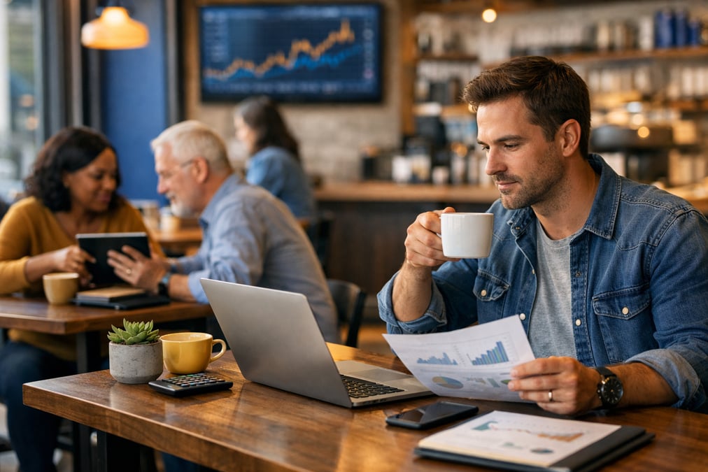 Young couple comparing savings and investment options on a tablet at their kitchen table