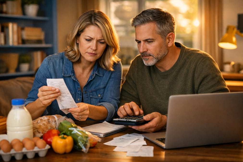 Shopper comparing unit prices on grocery shelves at a well-stocked supermarket