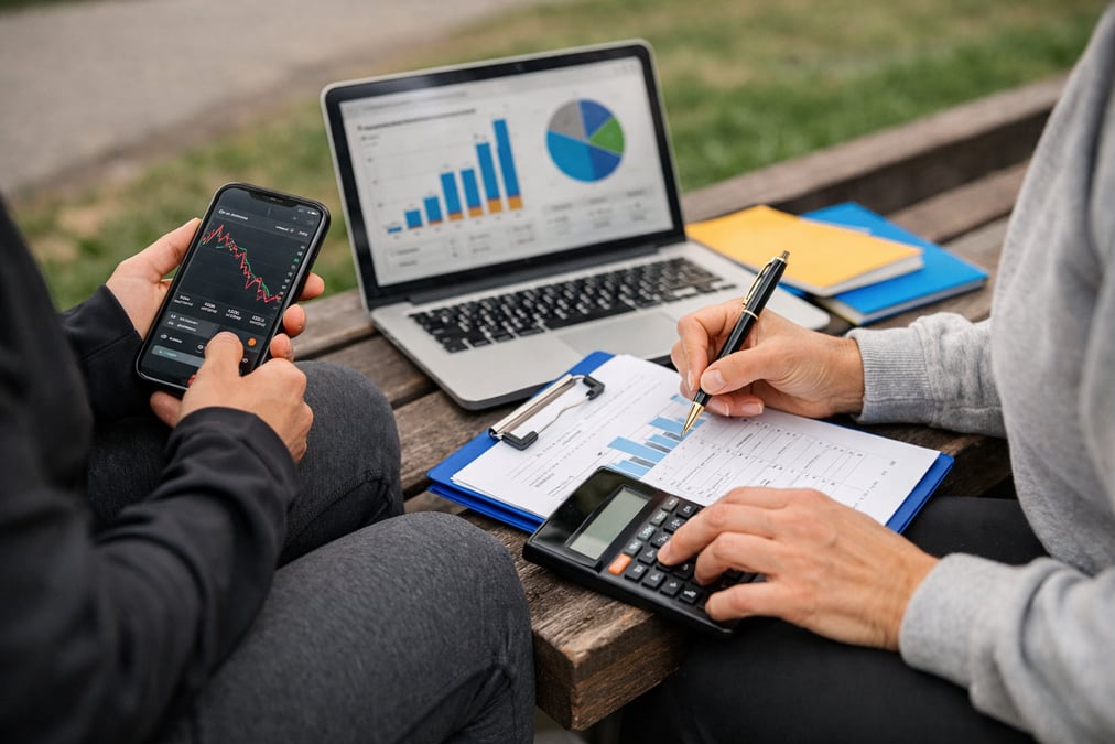 Financial advisor reviewing ETF tax documents with a client at a modern desk