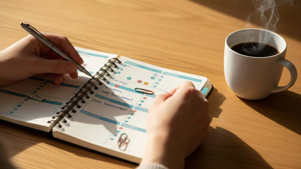 Hands writing in a budget planner on a wooden table with coffee, illustrating organized financial habits.