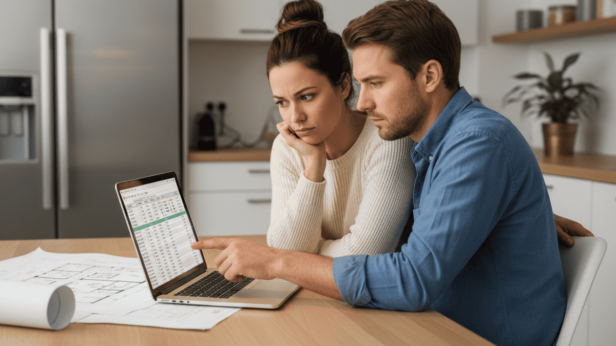 Vermögen A focused couple in their 30s reviewing architectural blueprints and a digital spreadsheet on a laptop at their kitchen table, analyzing costs for a future home purchase.
