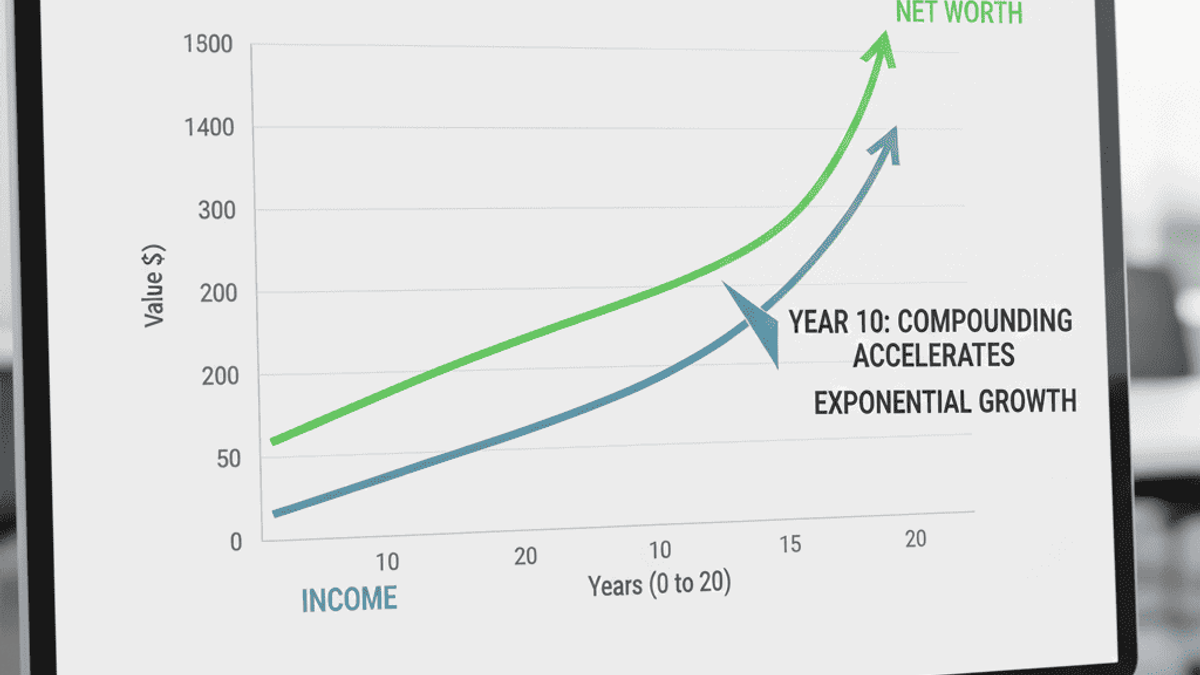 Analyzing investment growth over 20 years with compounding and exponential growth illustrations on a financial graph.