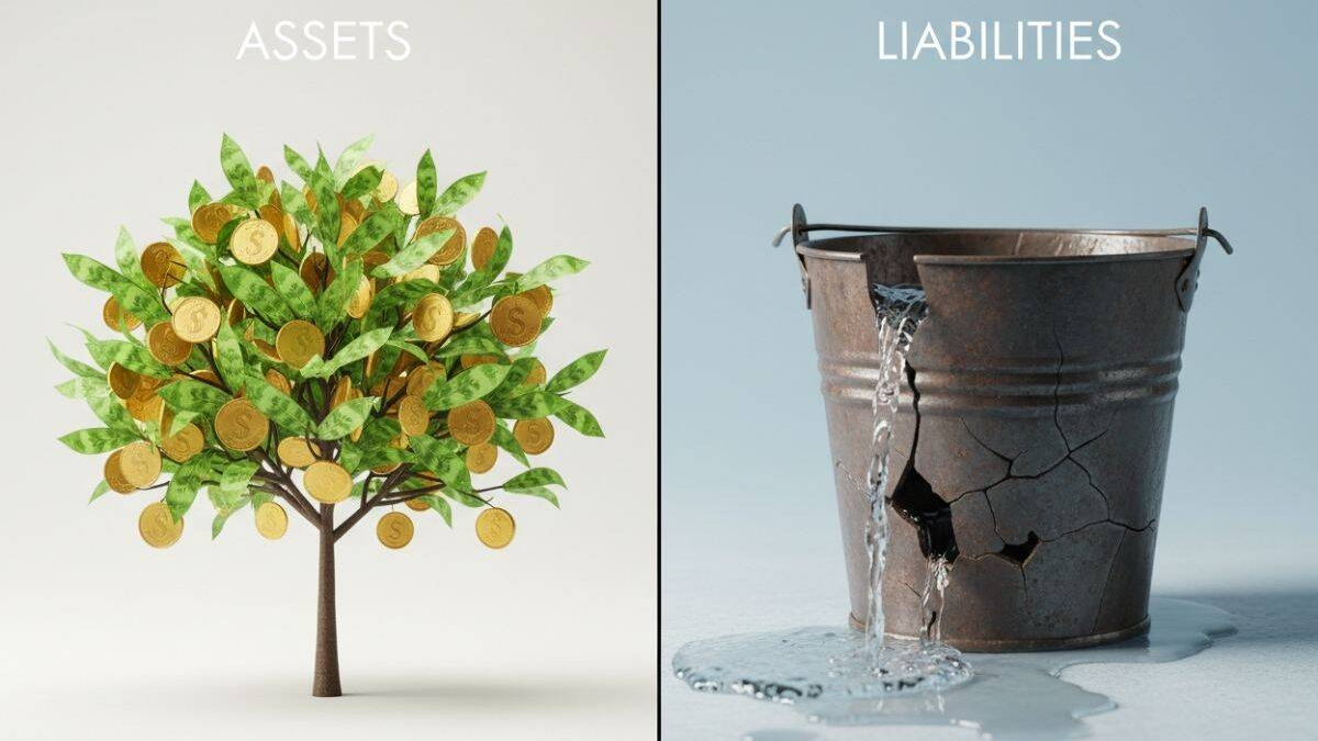 Split screen showing a growing money tree representing assets versus a leaky bucket representing liabilities, illustrating the difference between assets and liabilities in everyday life.