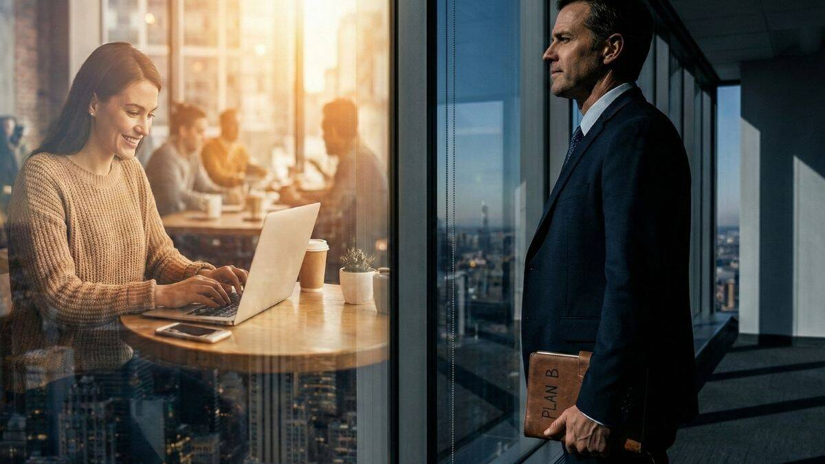 A person standing at a crossroads holding a notebook labeled Plan B, visualizing the transition from employee to freelancer.