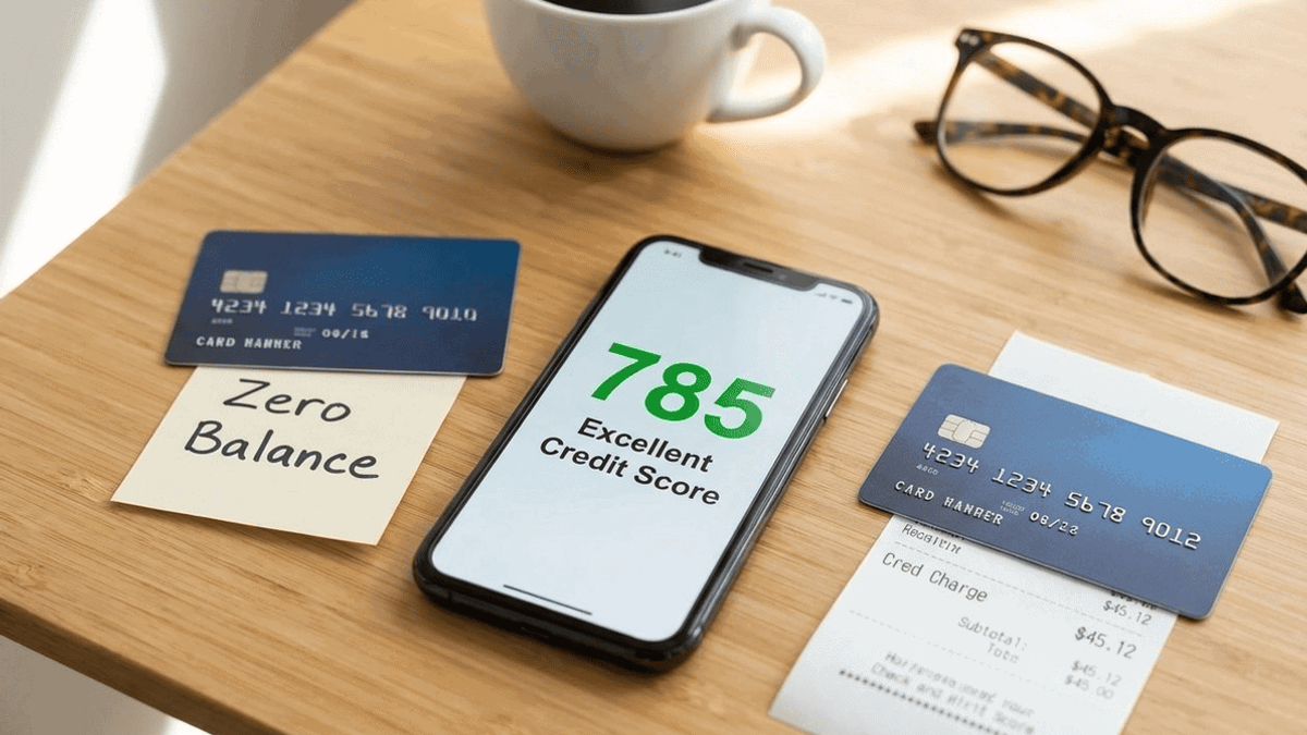 A close-up, high-angle shot of two credit cards, one with a zero balance and one with a small, strategic balance (under 10% utilization), next to a smartphone screen displaying a high credit score number (e.g., 785). The scene is set on a minimalist wooden desk.