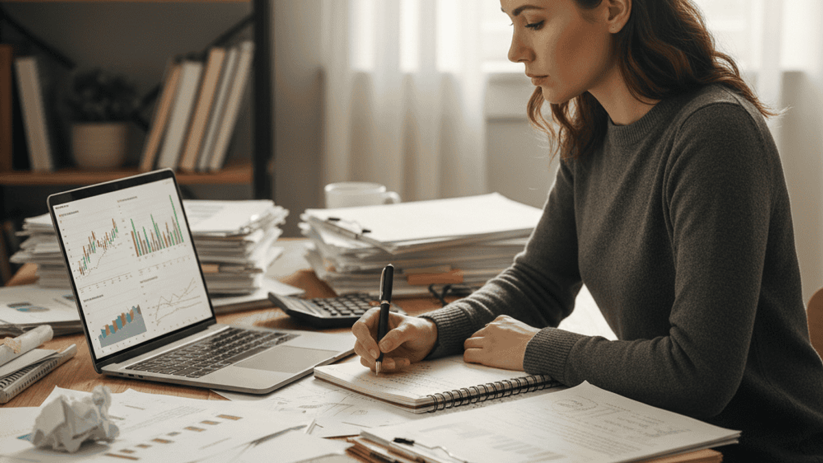 A person sitting at a desk, looking determined, surrounded by piles of documents and a laptop showing financial graphs. One hand is holding a pen over a notebook with a detailed budget plan. The background is slightly blurred, emphasizing focus and determination.