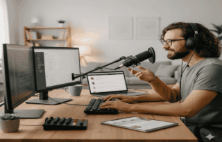 A man with curly brown hair, glasses, and headphones is actively engaged in content creation and remote work from his home office. He is smiling while speaking into a professional microphone, suggesting a podcast or online teaching session. In front of him are two computer monitors displaying code and project management tools, indicating programming or tech freelancing. A laptop and a tablet are also on his wooden desk, which is neatly organized.