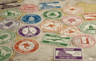A close-up view of a page in a passport covered with various colorful and detailed international travel stamps and visas. The stamps represent entry and exit from different countries, symbolizing global travel, adventure, and bureaucracy.