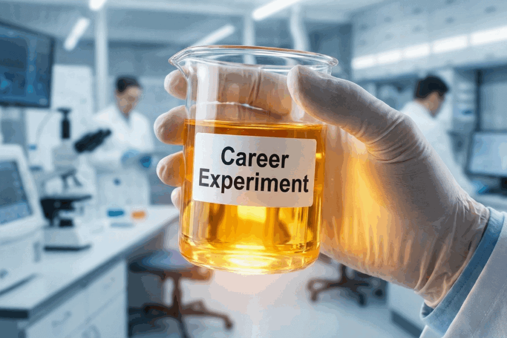 A hand holding a test tube labeled Career Experiment, symbolizing the scientific approach to testing a new career path without quitting.
