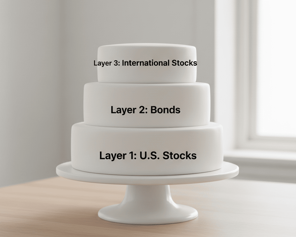 A three-layered cake, with each layer clearly defined. The bottom layer is largest, labeled "Layer 1: U.S. Stocks." The middle layer is smaller, labeled "Layer 2: Bonds." The top layer is a distinct, medium size, labeled "Layer 3: International Stocks." The cake is decorated with simple, clear lines.