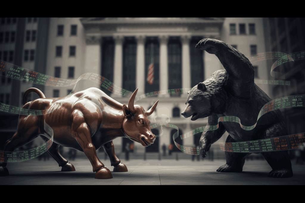 A "Bull vs. Bear" visualization. A dynamic, artistic representation of a Bull and a Bear facing off in a stock market setting, symbolizing market trends, but done in a modern, stylized way (not just a generic clip art).