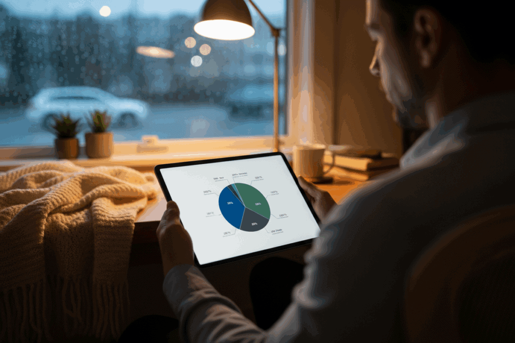 A person calmly reviewing a stable investment pie chart on a tablet in a cozy home office while it rains outside.