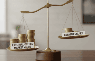 An unbalanced negotiation scale. On one side, there is a tall pile of coins labeled 'External Offer' or 'Market Value'. On the other side, there is a smaller pile of coins labeled 'Current Salary'. The weight of the external offer is clearly tipping the scale, symbolizing the power of leverage in negotiating a raise.