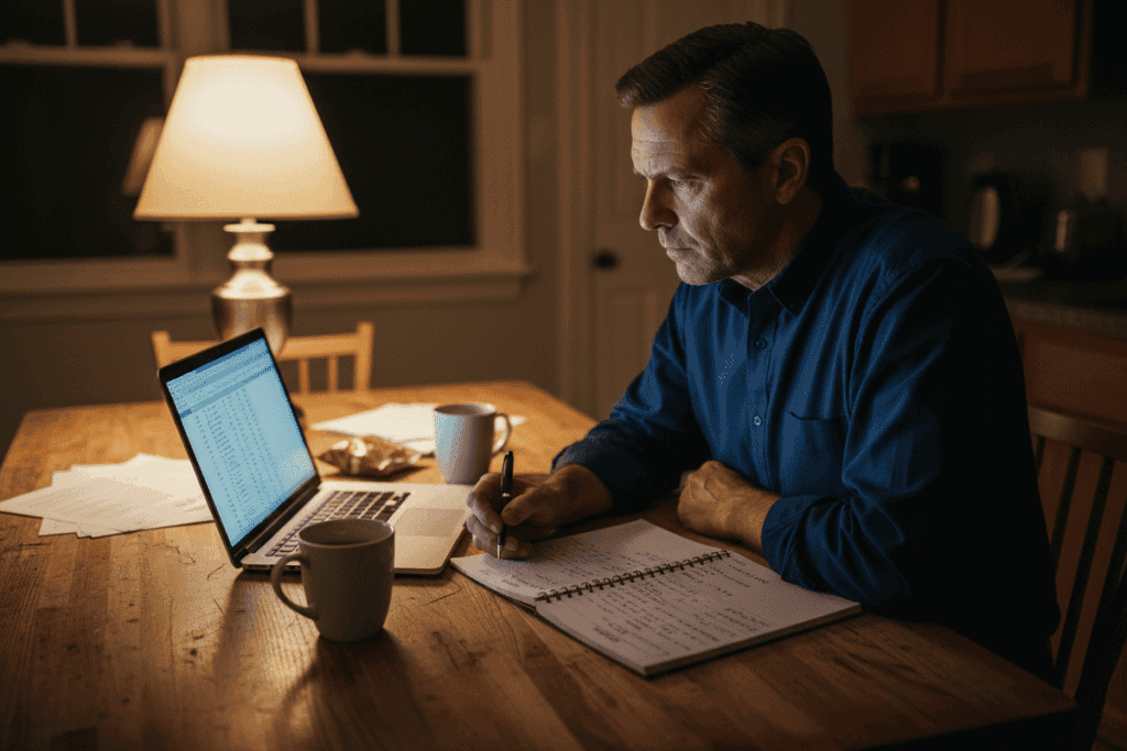 A top-down view of a desk showing a transition, with a calculator and tax forms on one side and a compass, textbook, and glasses on the other, symbolizing a career pivot.