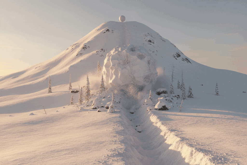 A visual metaphor for the "Snowball Effect" of compound interest. A small snowball at the top of a hill rolling down and becoming massive, representing wealth accumulation over time.