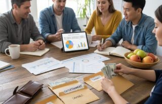 A person carefully placing cash into different labeled envelopes for 