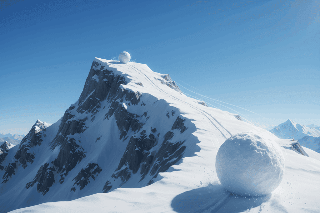 A cinematic illustration of a small snowball rolling down a snowy mountain peak, gathering size and speed against a blue sky, symbolizing the momentum of paying off debt using the snowball method.