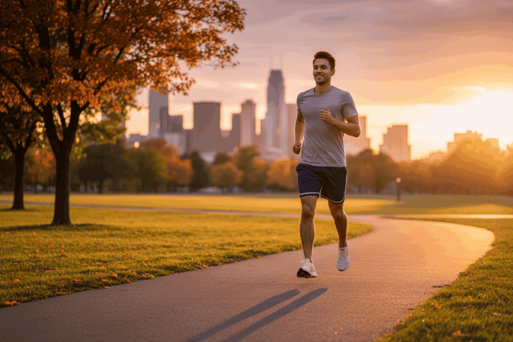 A runner jogging in a park at sunset with a city skyline in the background, representing free outdoor exercise.