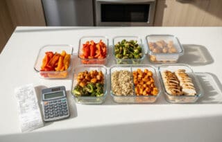 Glass containers with roasted vegetables and chicken on a kitchen counter next to a calculator, illustrating meal prep for health and budget.