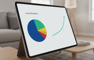 A digital tablet displaying a financial dashboard with a colorful asset allocation pie chart and an upward trending line graph, set against a blurred living room background.