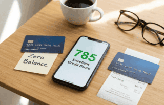 A close-up, high-angle shot of two credit cards, one with a zero balance and one with a small, strategic balance (under 10% utilization), next to a smartphone screen displaying a high credit score number (e.g., 785). The scene is set on a minimalist wooden desk.