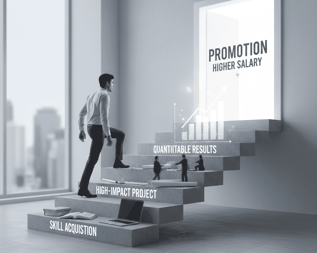 A visualization of the Internal Jump Strategy, showing a person climbing clearly defined steps (representing completed projects and acquired skills) towards a larger door (representing promotion and a higher salary). The steps are labeled 'Skill Acquisition', 'High-Impact Project', and 'Quantifiable Results'.